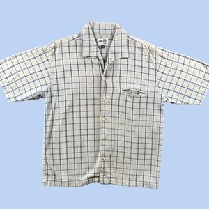 Address Unknown Button Up Mens M Tan Plaid Cotton Short Sleeve Camp Shirt Dad